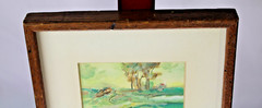 Vintage Watercolor Painting Landscape with Rustic Wooden Frame c. 1930-40
