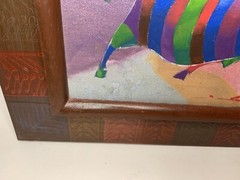 Original Bob Schindler Signed Painting Bull Colorful Framed Art 10.5” X 7.5”