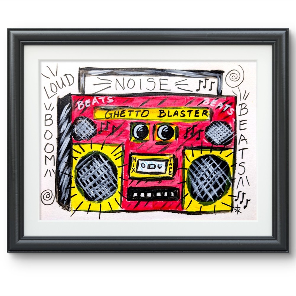Original Hand Painted Retro Boom Box 9×12 Paper Acrylic Expressionist