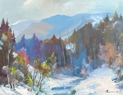 Oil painting Mountains Ukrainian painter Canvas Framed Decor original landscape