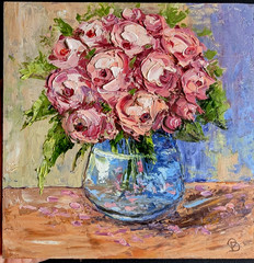 Original OIL Impasto PAINTING ROSES in Vase“ FLOWERS by Olga Diduh 6″x 6″