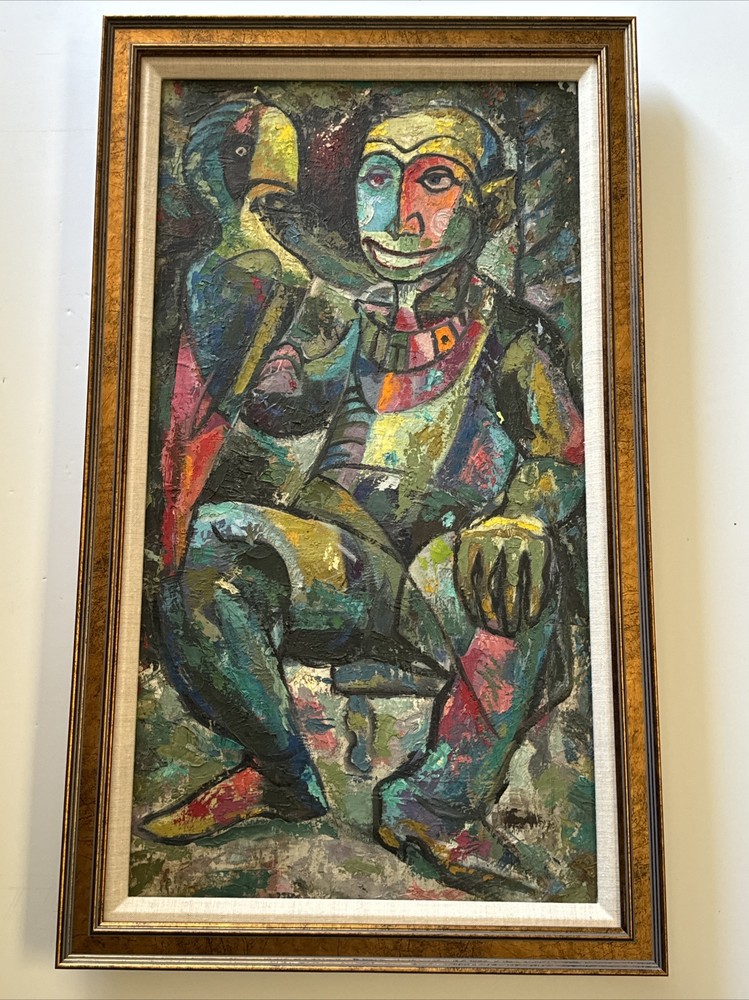 MID CENTURY PAINTING VINTAGE MODERNIST CUBIST CUBISM PORTRAIT BIRD PARROT MAN