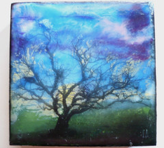 VINTAGE SMALL PURPLE LANDSCAPE IMPRESSIONIST MODERN on WOOD MINIATURE OIL ENAMEL