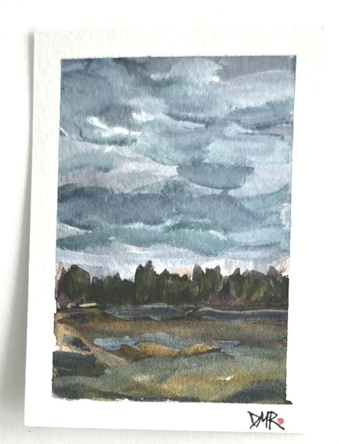 Original ACEO Landscape Stormy Sky Fields Dulce Maria Rico“EXUBERANT TEMPEST“