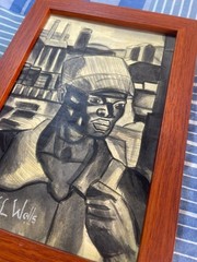 JAMES LESESNE WELLS DRAWING ON ANTIQUE PAPER, FRAMED ON WOOD, SIGNED AND SEALED