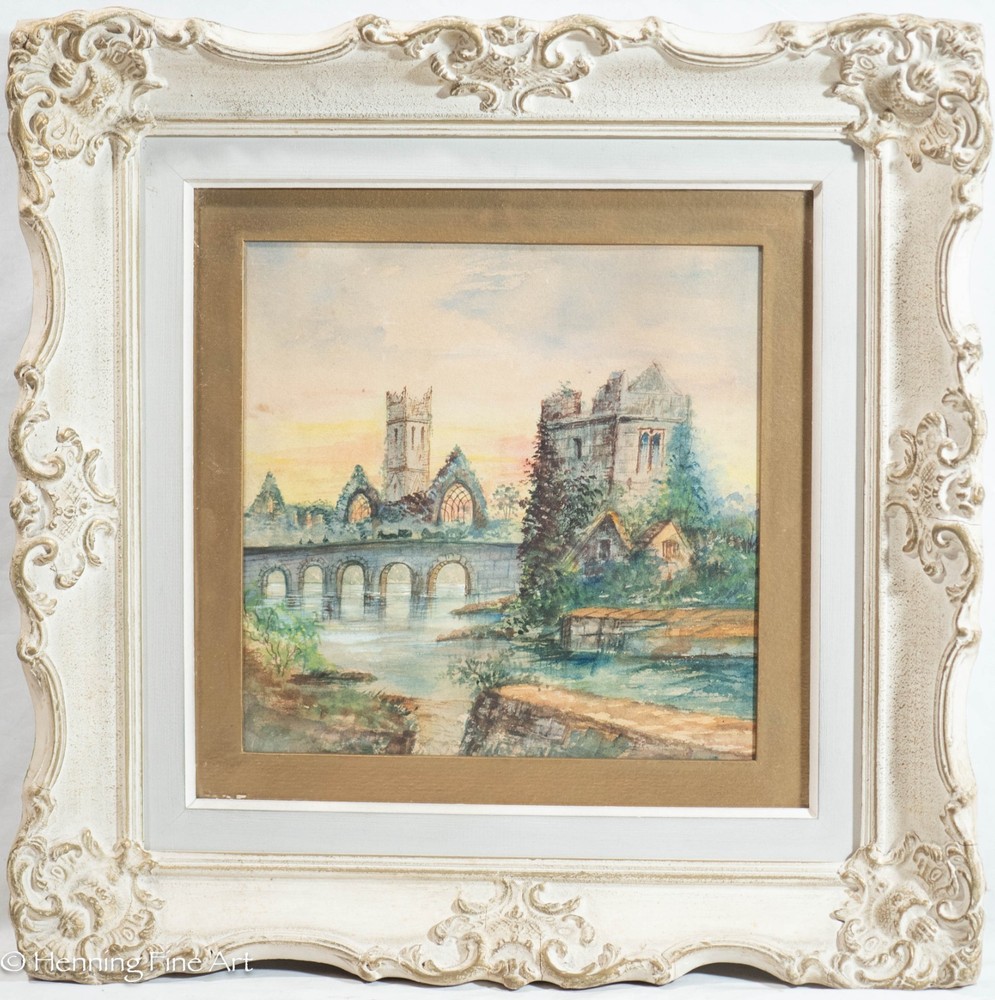 Antique English Painting of Medieval Stone Castle Ruins at Sunset, Framed White