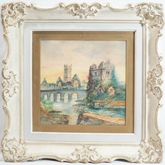 Antique English Painting of Medieval Stone Castle Ruins at Sunset, Framed White
