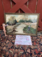 Antique Early American Oil, Painting, Us Navy Boy In Uniform Landscape Original