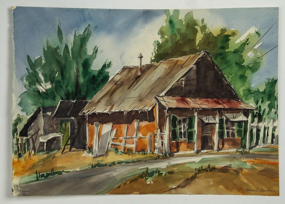 MCM 20thC CALIFORNIA WATERCOLOR MODERNIST PAINTING Muriel Backman COUNTRY HOUSE
