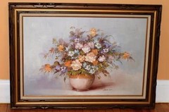 Large Robert Cox signed oil painting on canvas Flowers in Vase 43″ x 32″ Framed