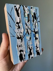 Birch Tree,trees ,flowers Original Acrylic Painting On Wood Block ,