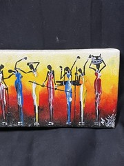 VINTAGE ORGINAL OIL ON CANVAS AFERICAN TRIBAL ART PAINTING M WDIBA 15.25 X 3.75”