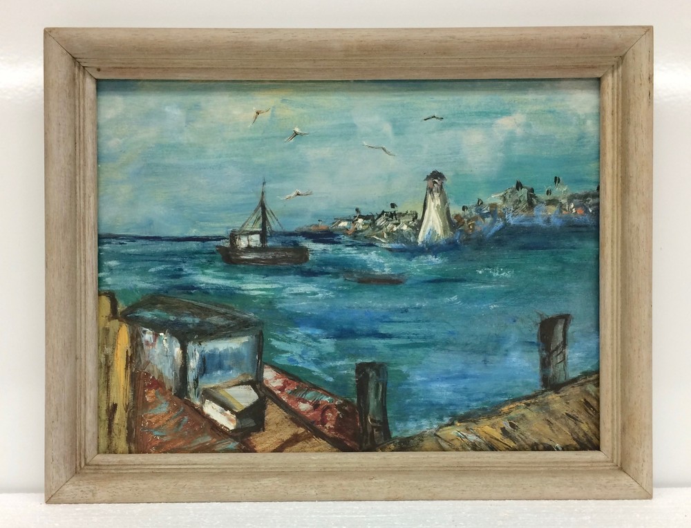 Vtg Original Sea Marina w/ Light House, Boats & Dock Seascape Painting on Board