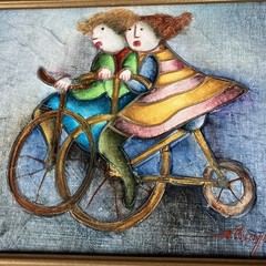 Joyce Roybal Signed Original Oil Painting Kids on bike w/Unicycle 8×10 + Frame