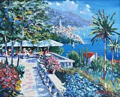 Kerry Hallam Amalfi Terrace Coastal LE Painting on Canvas Signed Numbered