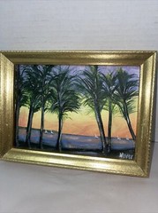Tropical Landscape Painting Coastal Seascape Palm Trees Ocean sailboats 7.5×6”