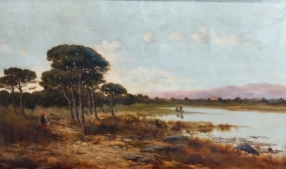 LAKE AT SUNSET. OIL ON CANVAS. SIGNED TO RAMOS. SPAIN. 19TH-20TH CENTURY