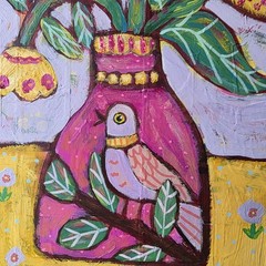 Folk Art ORIGINAL Bird Botanical Flower Vase Pot Botanical Whimsy Leaf Pink