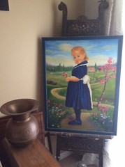 Oil Painting 24×36” Young Girl In Blue Dress w/Flowers by Gj Milano