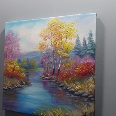 Autumn River Landscape Oil Painting Original Nature Wall Art Canvas Decor 10×10