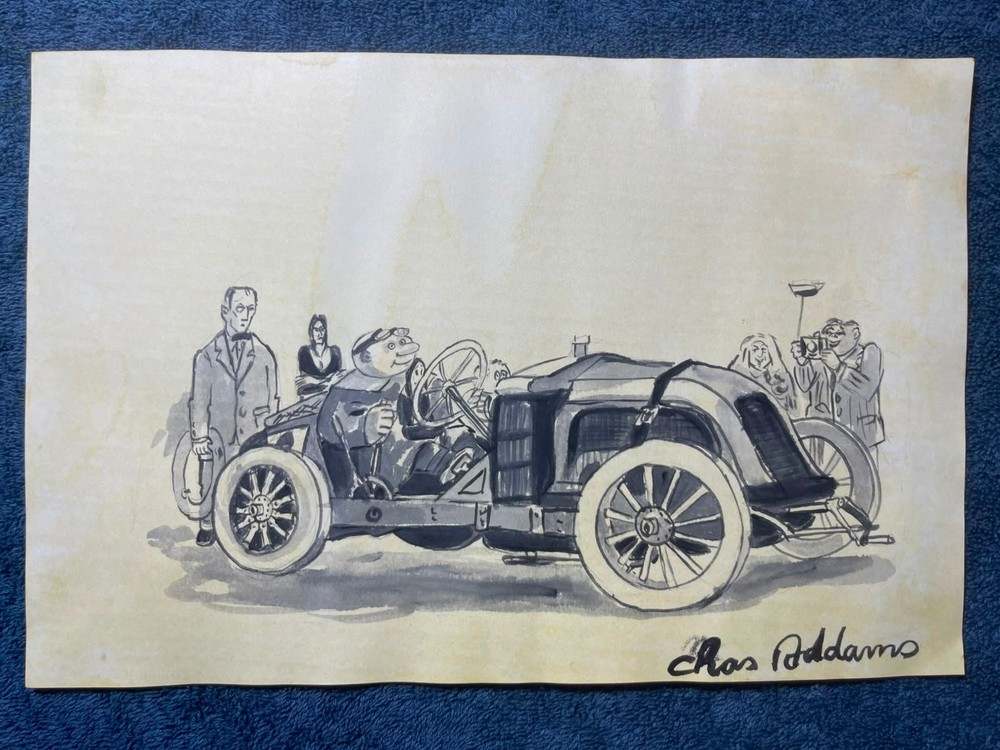 CHARLES ADDAMS drawing and painting on old paper signed stamped vintage