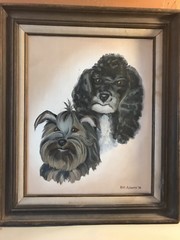 Poodle And Yorkshire Terrier,family pets, dog portrait painting, Bill Adams 1976