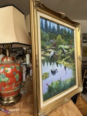Original Art Painting Canvas Framed Bird Water Naturescape Heron Crane Signed