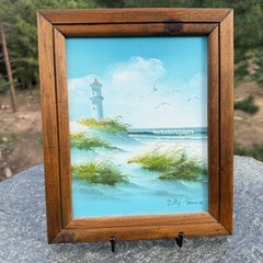 Signed Betty Moore Lighthouse Oil Painting Framed Vintage Coastal Seascape Art