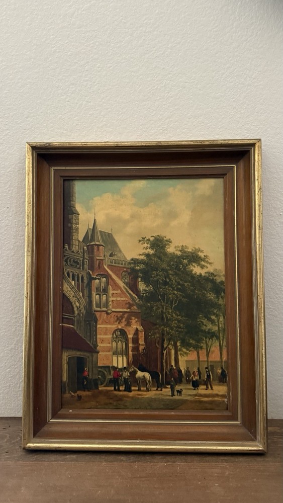Dutch Oil On Board Painting Of A Town Scene 14”x10” Horses People