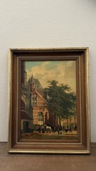 Dutch Oil On Board Painting Of A Town Scene 14”x10” Horses People
