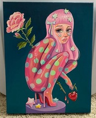 Sad Pink Girl Original Art – Kelly Berry – Rose Thru Heart – Pink Girl Green Dot