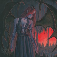 Gothic Fantasy Art ORIGINAL PAINTING Demon Woman Dark Cave Bat Wings Horns Red
