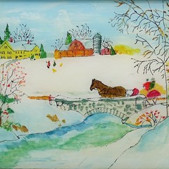 Miniature Naive Folk Art Winter Landscape Watercolor Ink Painting Horse Cart
