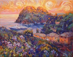 Harbor Sunset Seascape Original Oil Painting Impasto Artwork by S Chernyakovsky