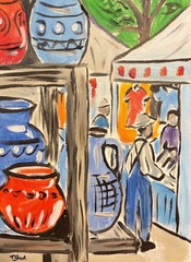 Original Pottery Market Painting 11×14 Acrylic Canvas Street Scene Artwork