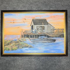 Nadine Cheatham Original Harbor Boat Oil Painting Framed 27×39