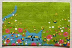 ACEO original painting blue cat in flowers 2.5in x 3.5in