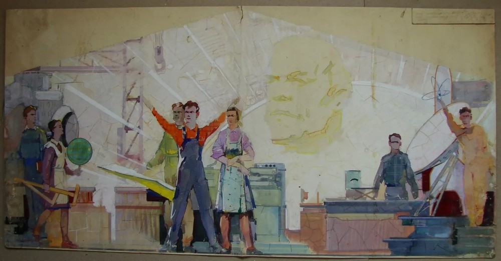 Ukrainian Soviet monumental painting sketch progressive young workers girl atom