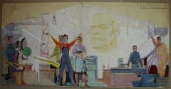 Ukrainian Soviet monumental painting sketch progressive young workers girl atom