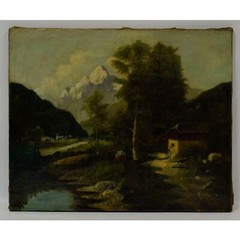 Ca 1850-1900 Old painting Pre-Alpine landscape, oil 27.2×22 in