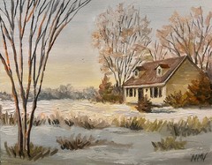 WINTER DUSK Original Oil Landscape Painting 10×8 IN. HOUSE SNOW Wall Art DECOR