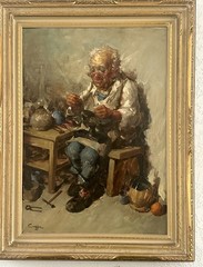 Vintage Italian Genre Oil Painting of a Cobbler Carl Ciappa