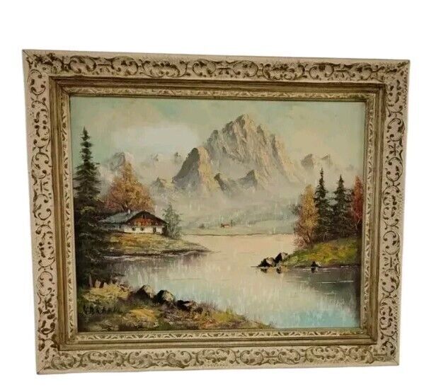Vintage oil painting signed S.Brandle, mountain landscape with lake
