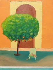 Original Oil Painting Framed Moroccan Garden Pool Landscape with Orange Tree
