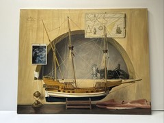 Large Nautical Painting Vintage Ship Map Still Life Walter Benoldi Listed Oil
