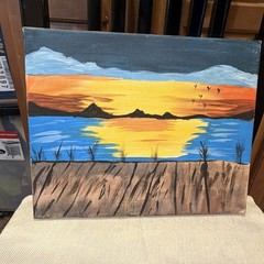 Abstract Sunset Seascape Canvas Painting Mountains Birds Unframed