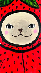 Dog in Strawberry Costume Painting, Whimsical Dog Art 11×14