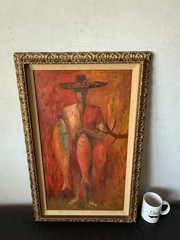 ANTHONY RIZZO VINTAGE MODERN ABSTRACT CUBIST CUBISM OIL PAINTING RED FISHERMAN