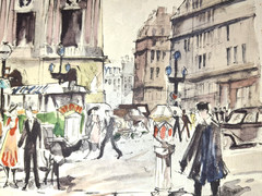 Vtg MCM Artist Franz Herbelot Paris, Place de l’Opéra Watercolor Arches Paper