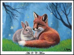 Red Fox Bunny Rabbit Fireflies Forest Original Art Painting by ACEO Artist